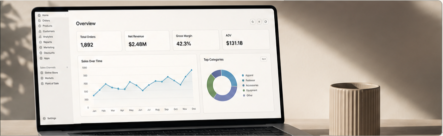 Commerce operations dashboard shown on a laptop