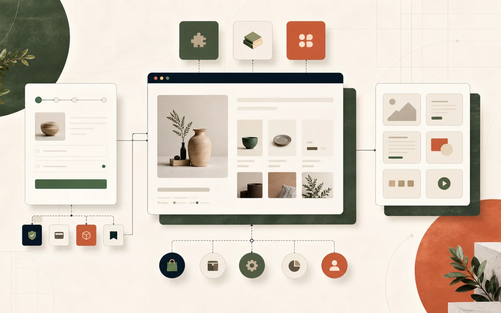 Modern Shopify storefront, checkout, and application features represented as connected modules