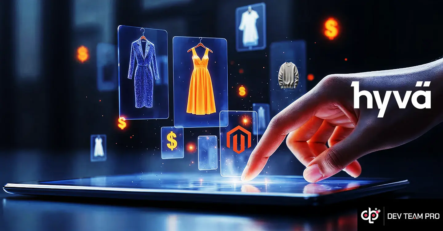 Hyvä Commerce interface shown across desktop and mobile screens