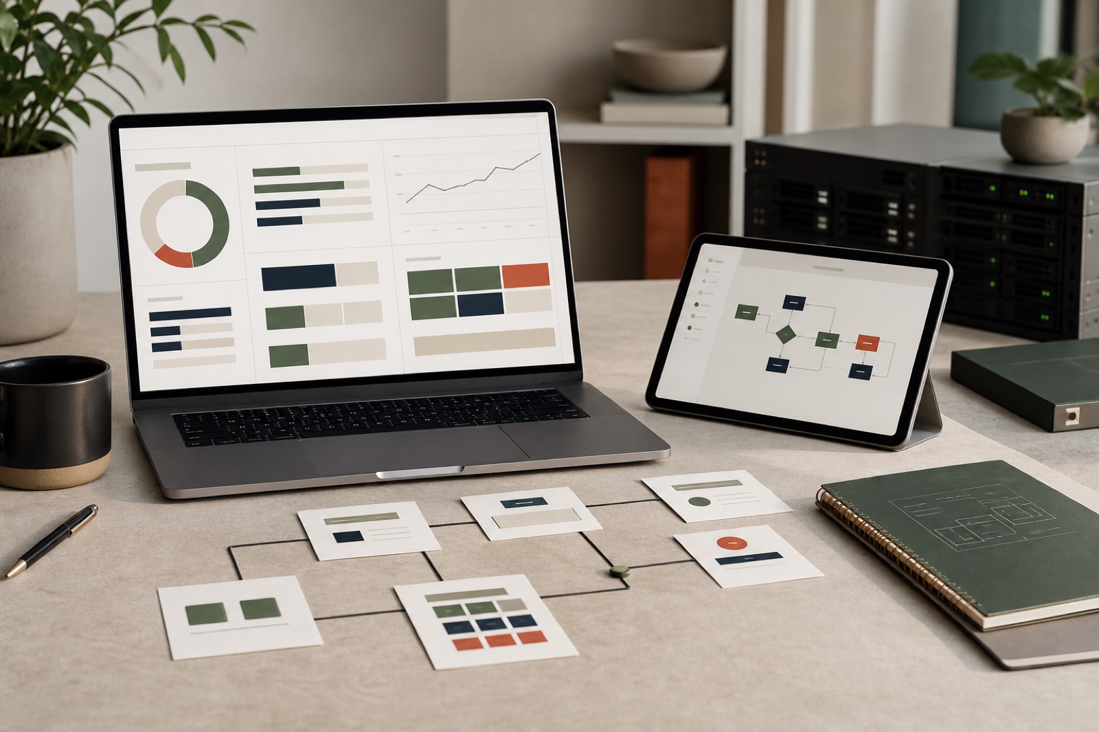 A custom systems workspace with operational dashboards, workflow maps, and connected application screens