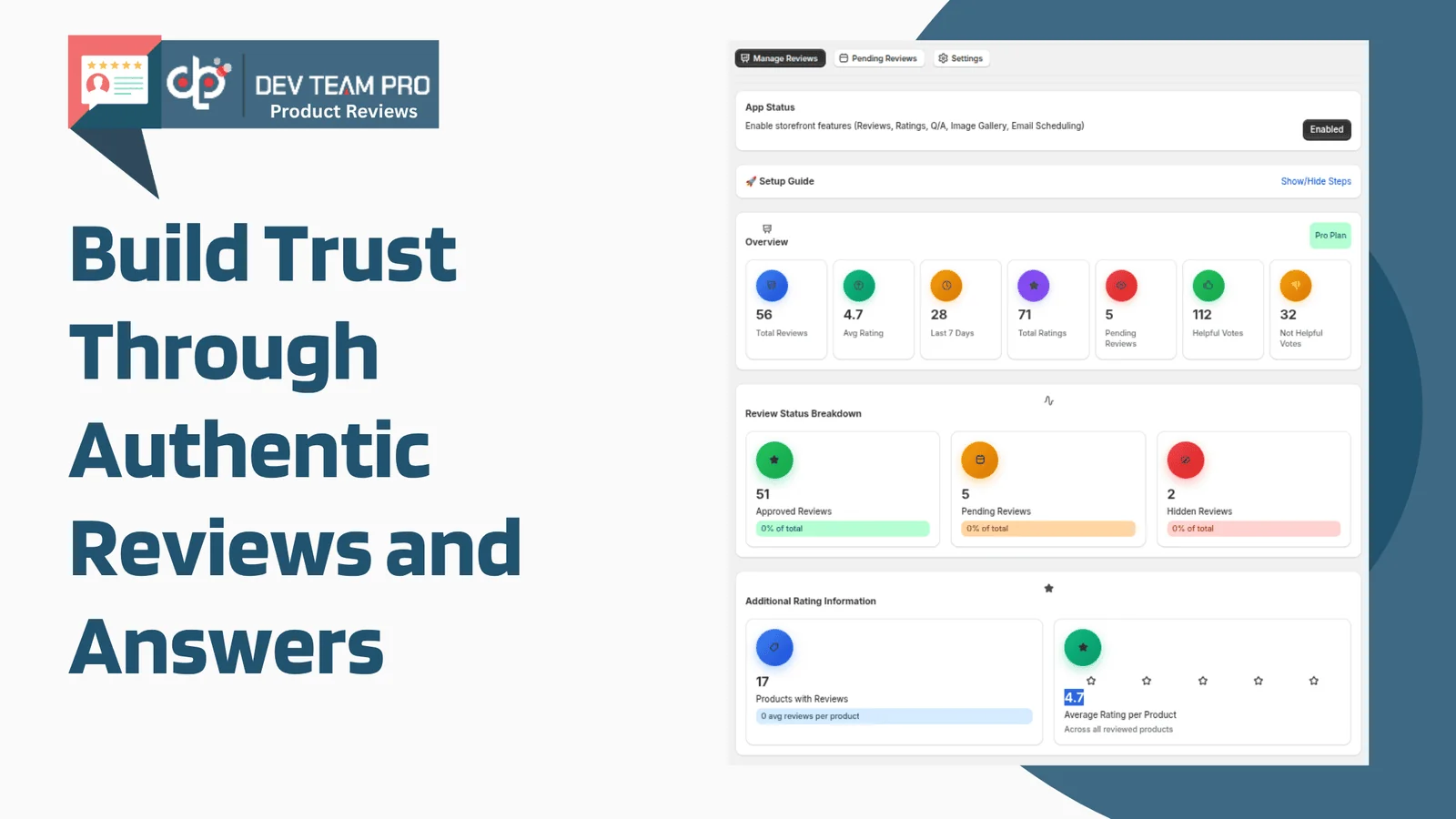 DevTeamPro Product Reviews analytics dashboard