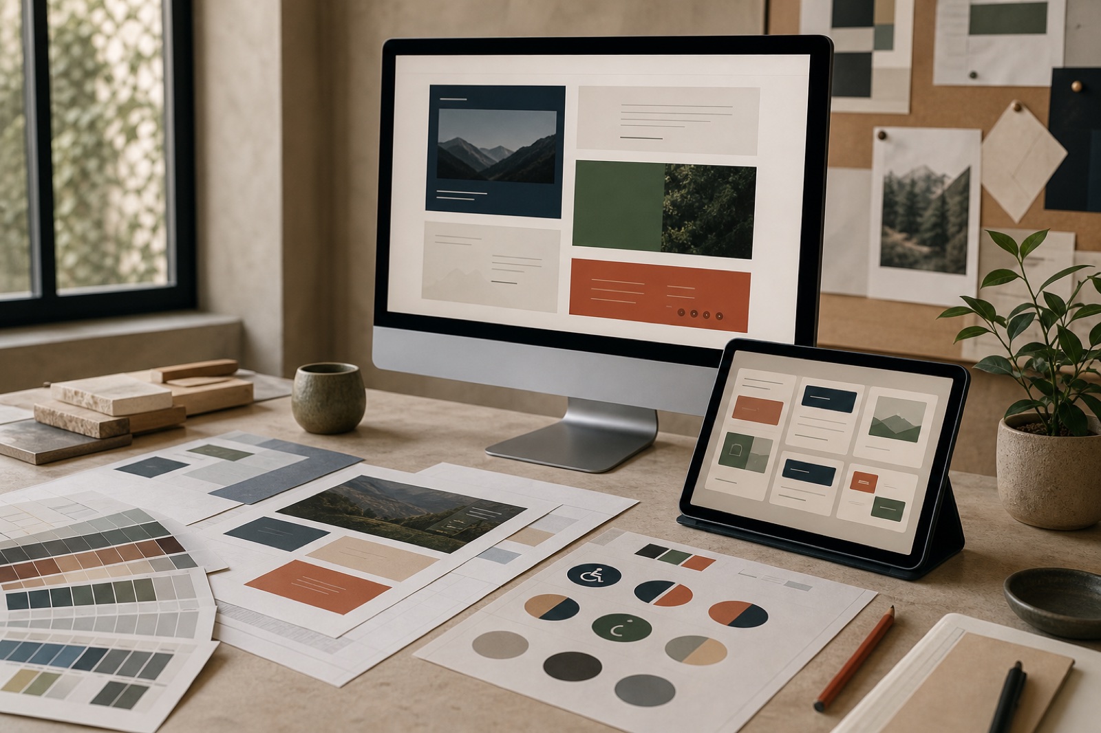A digital experience studio with responsive storefront layouts, content modules, and migration planning materials