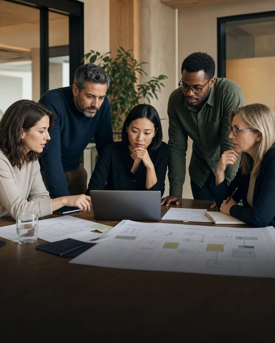 A senior multidisciplinary technology team collaborating on a commerce and ERP transformation